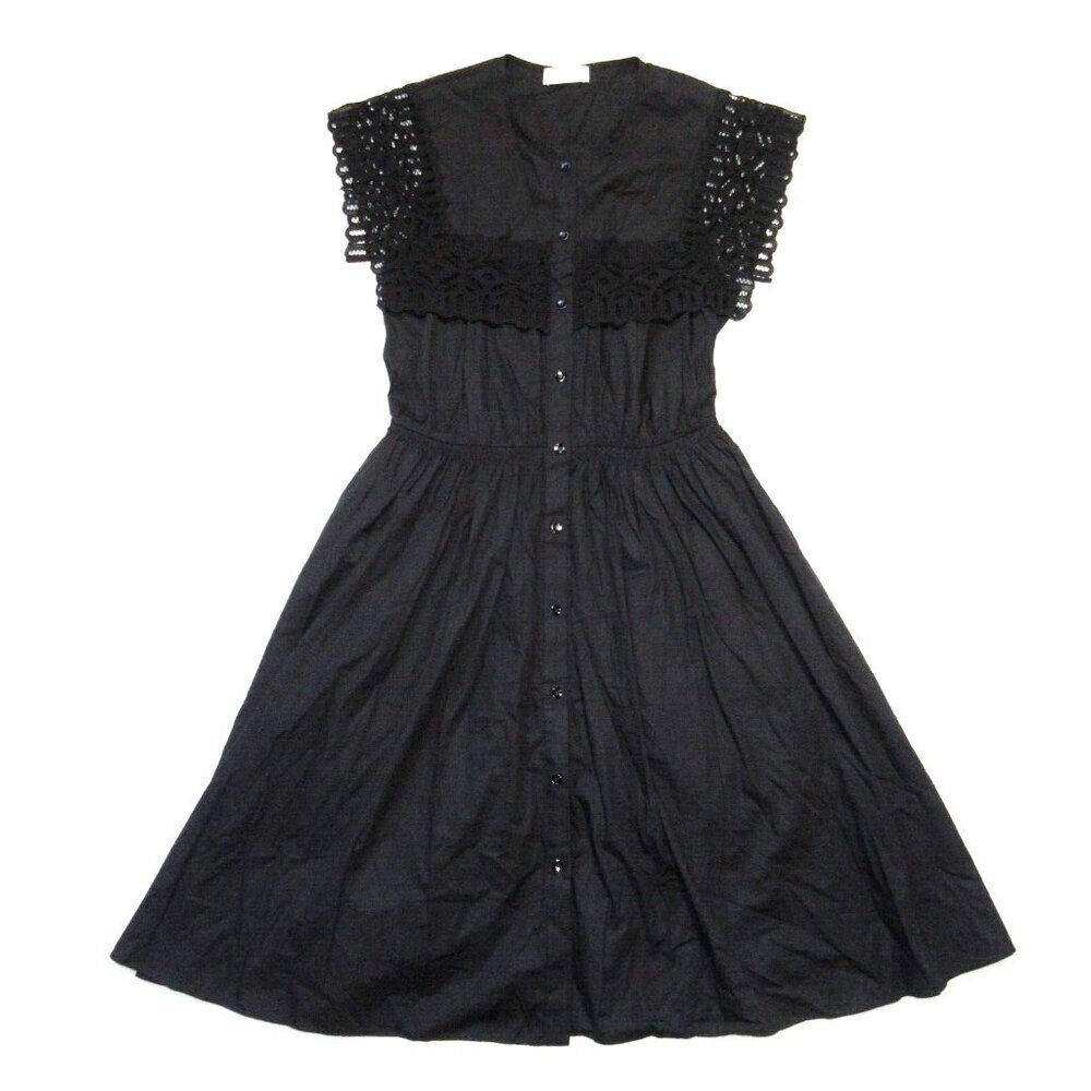 NWT Sandro Lidwine in Black Cotton Poplin Lace-Trimmed A-Line Dress 36 / US 4